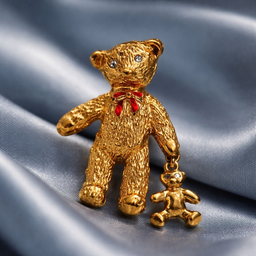 Teddy Bear with Baby Dangle Gold Tone Charm Brooch
